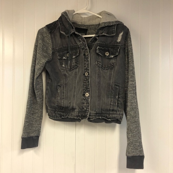 Maurices Gray Denim and Knit Hooded Denim Jacket Small Button Closure - Picture 1 of 4